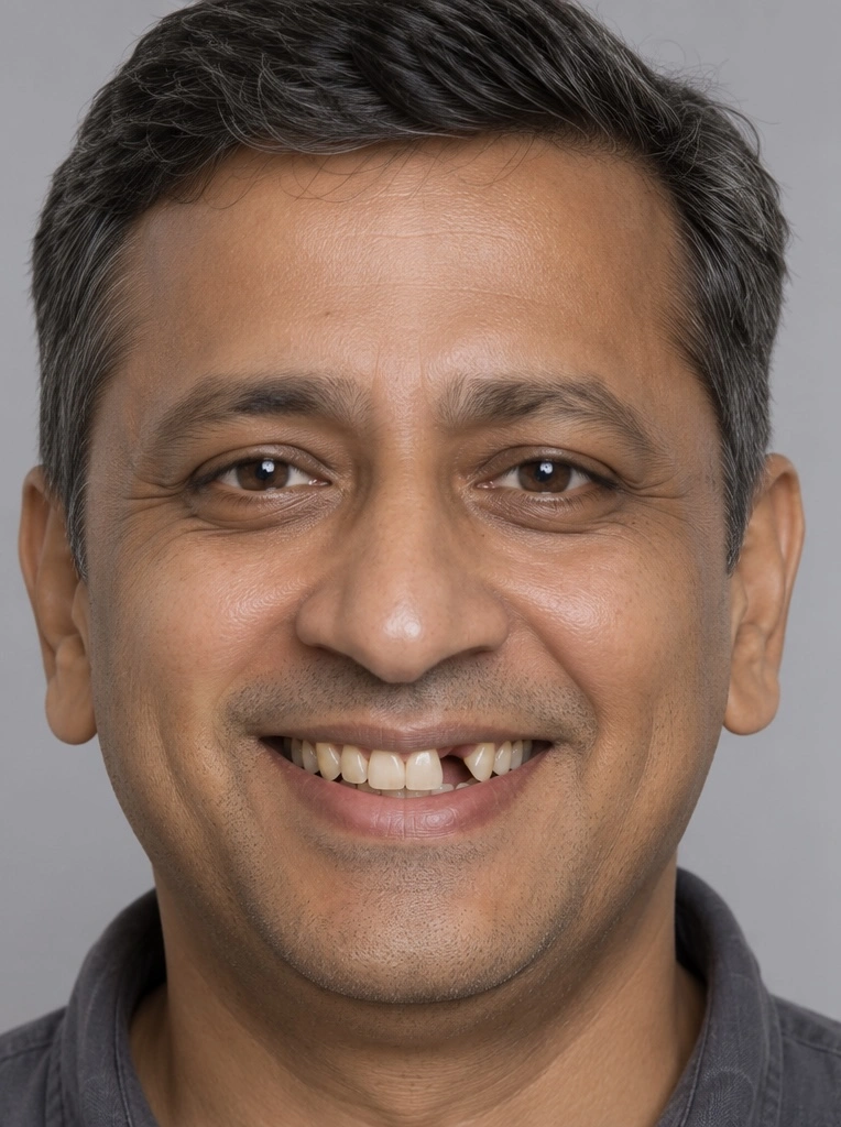 Before dental implant treatment - smile revealing missing tooth