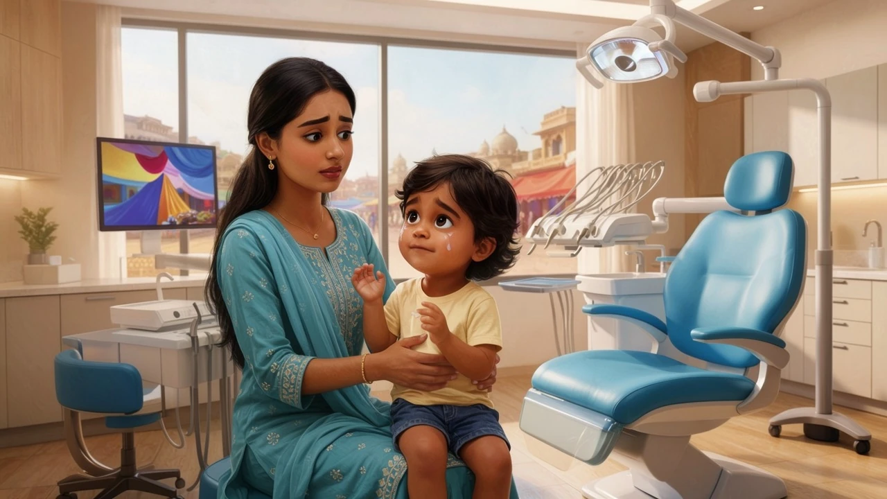 Pediatric dentist in Kanpur comforting worried mother and child with toothache after eating Imarti Jalebi sweets - child dental care Kanpur